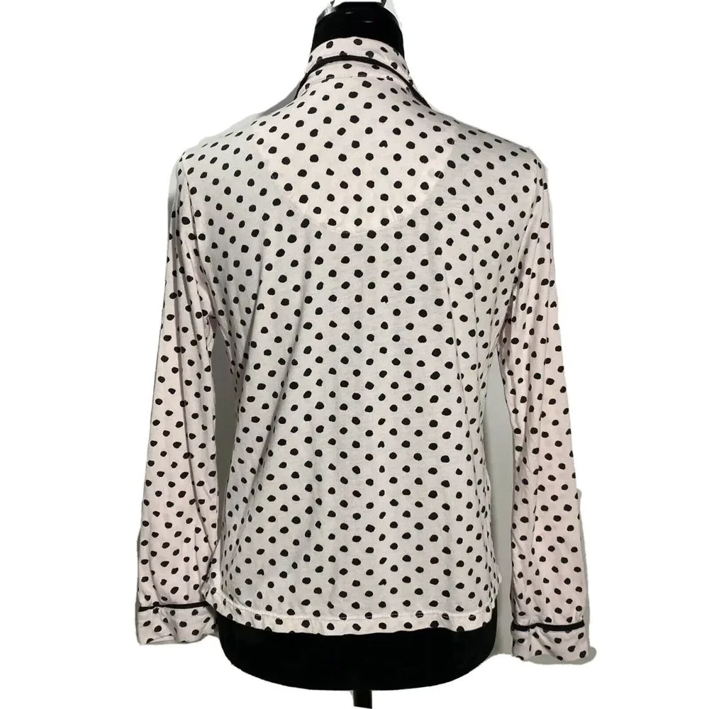 Kate Spade M Top Night Shirt Blush Pink Black Polka Dot Pocket Button Down Loung